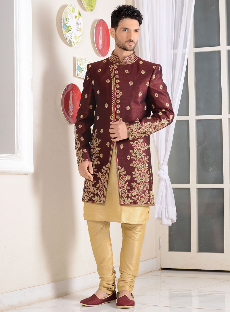 Maroon Banarasi Silk Angrakha Style Sherwani 113976