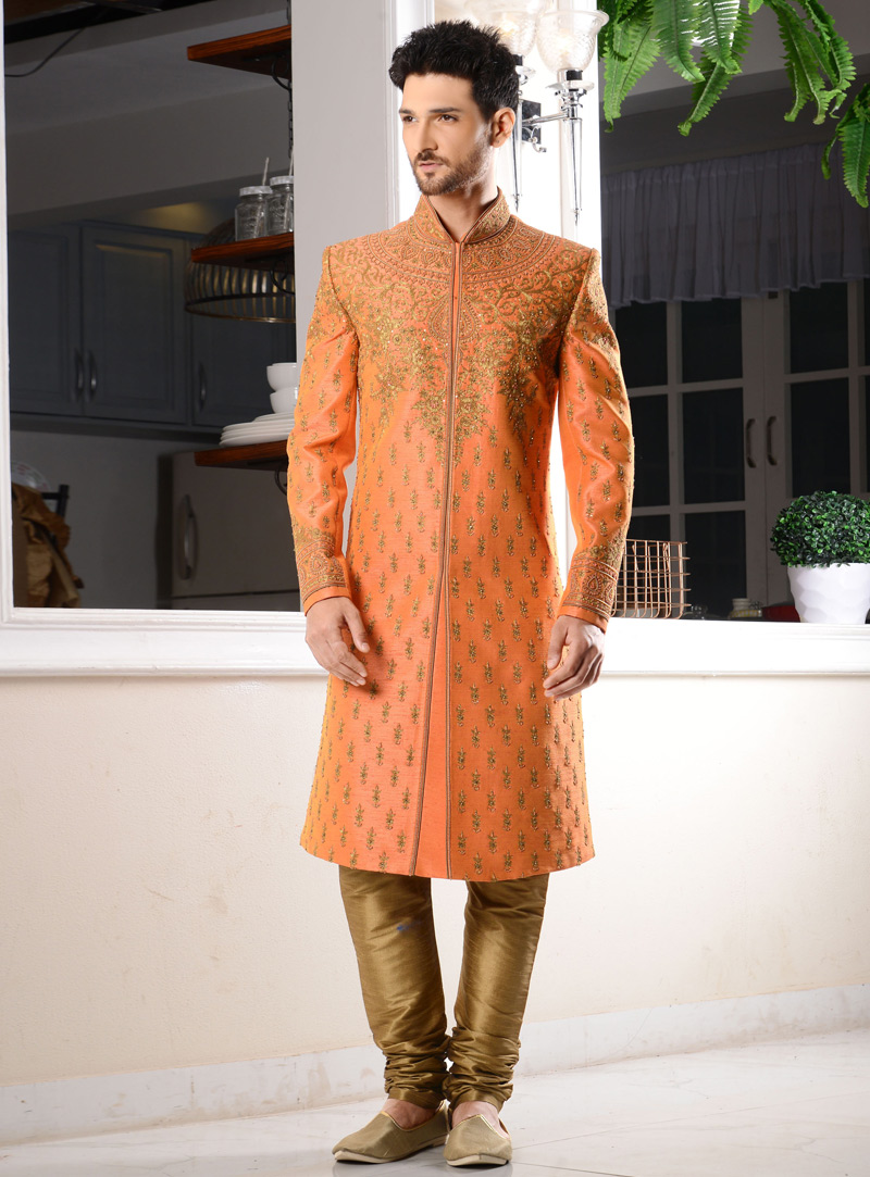 Orange Brocade Chipkan Style Sherwani 113992