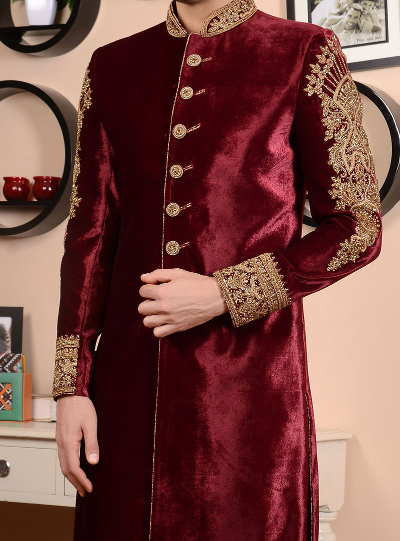 Maroon sale velvet sherwani