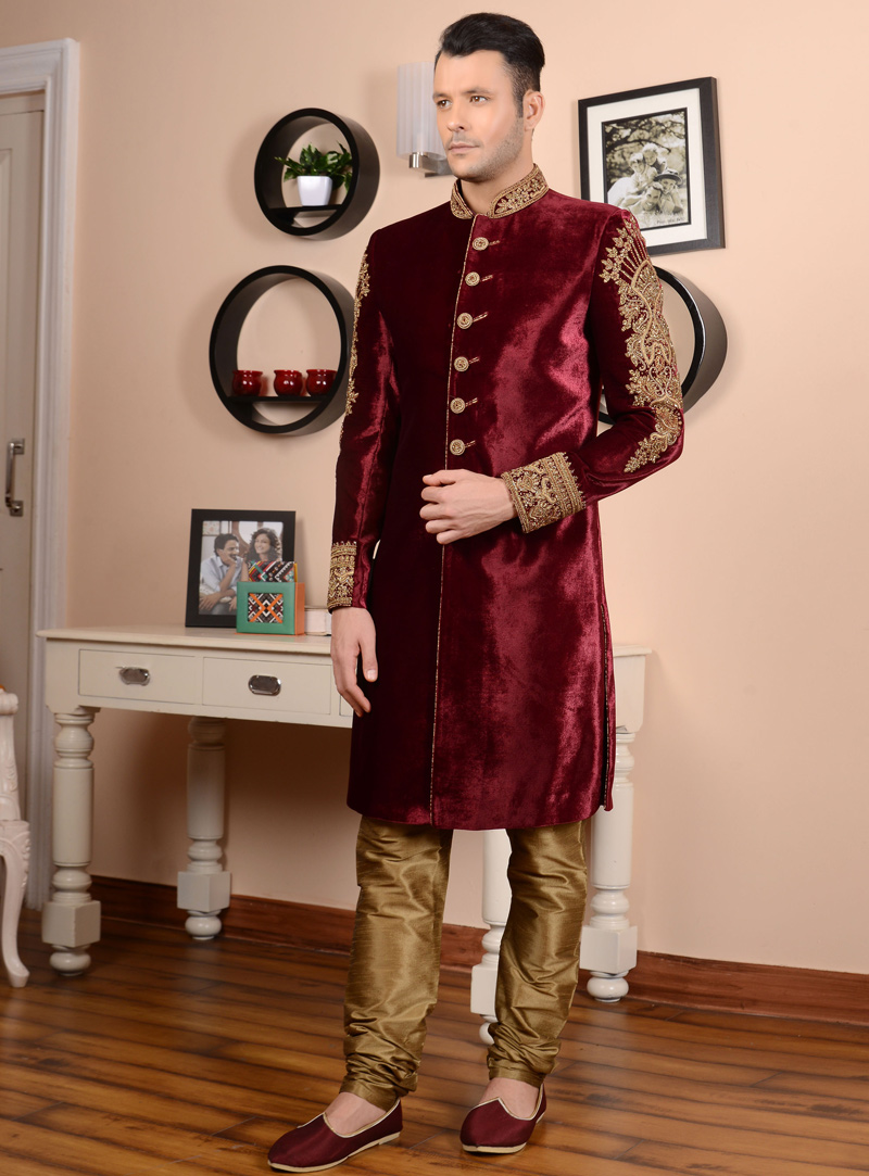 Maroon Velvet Achkan Style Sherwani 113956