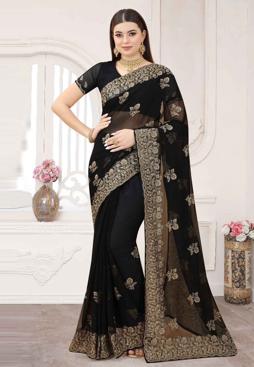Black Shimmer Saree With Blouse 253943