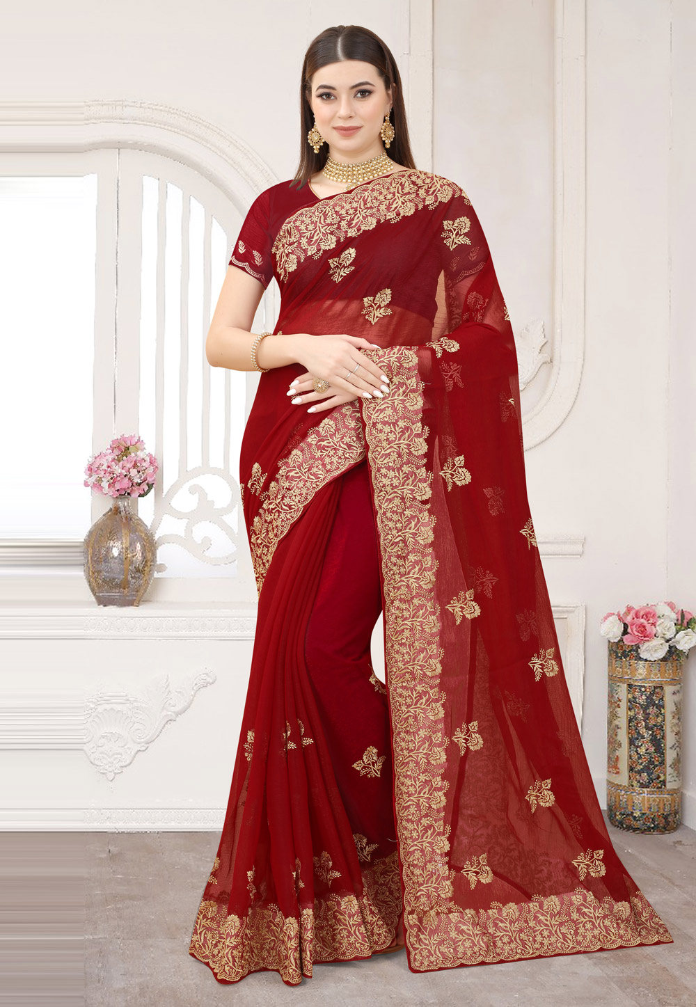 Maroon Shimmer Saree With Blouse 253944