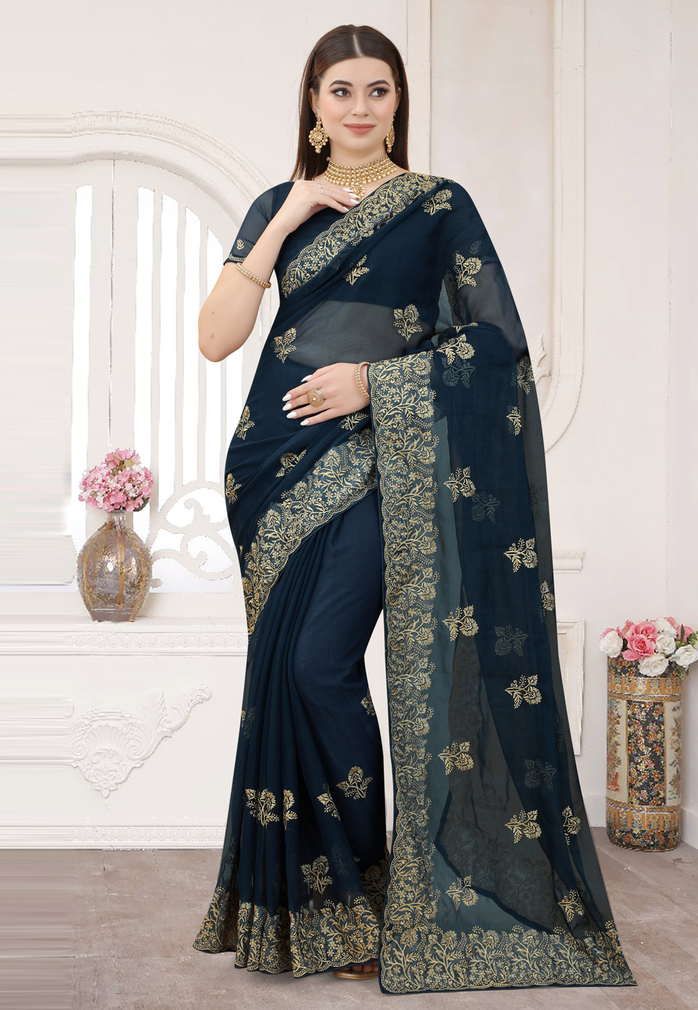 Navy Blue Shimmer Saree With Blouse 253945