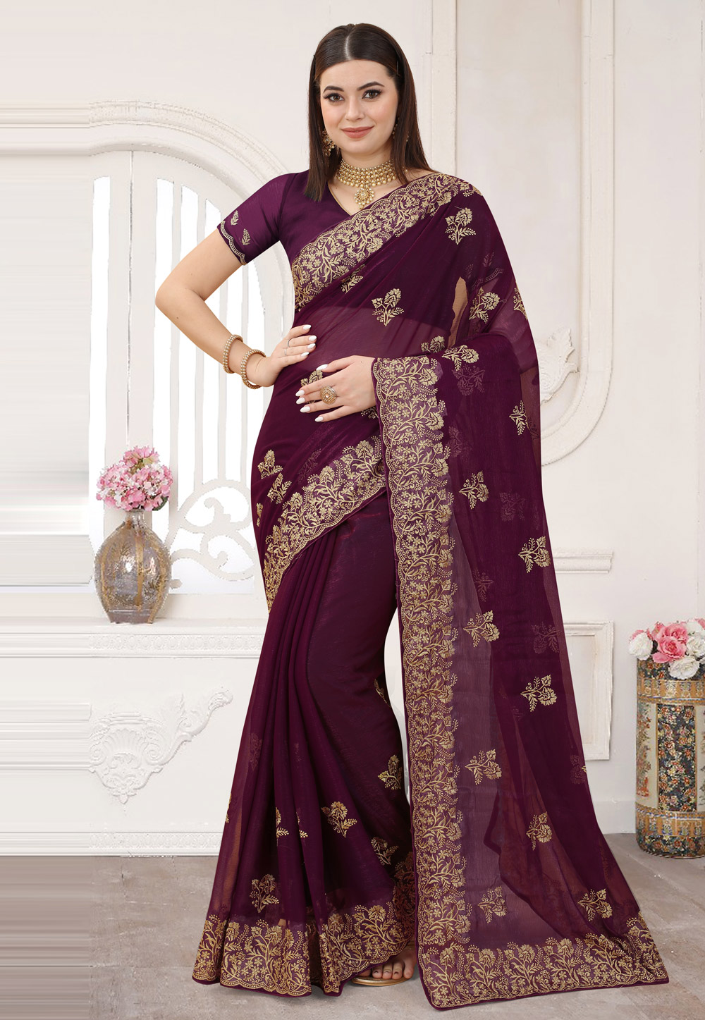 Purple Shimmer Saree With Blouse 253946
