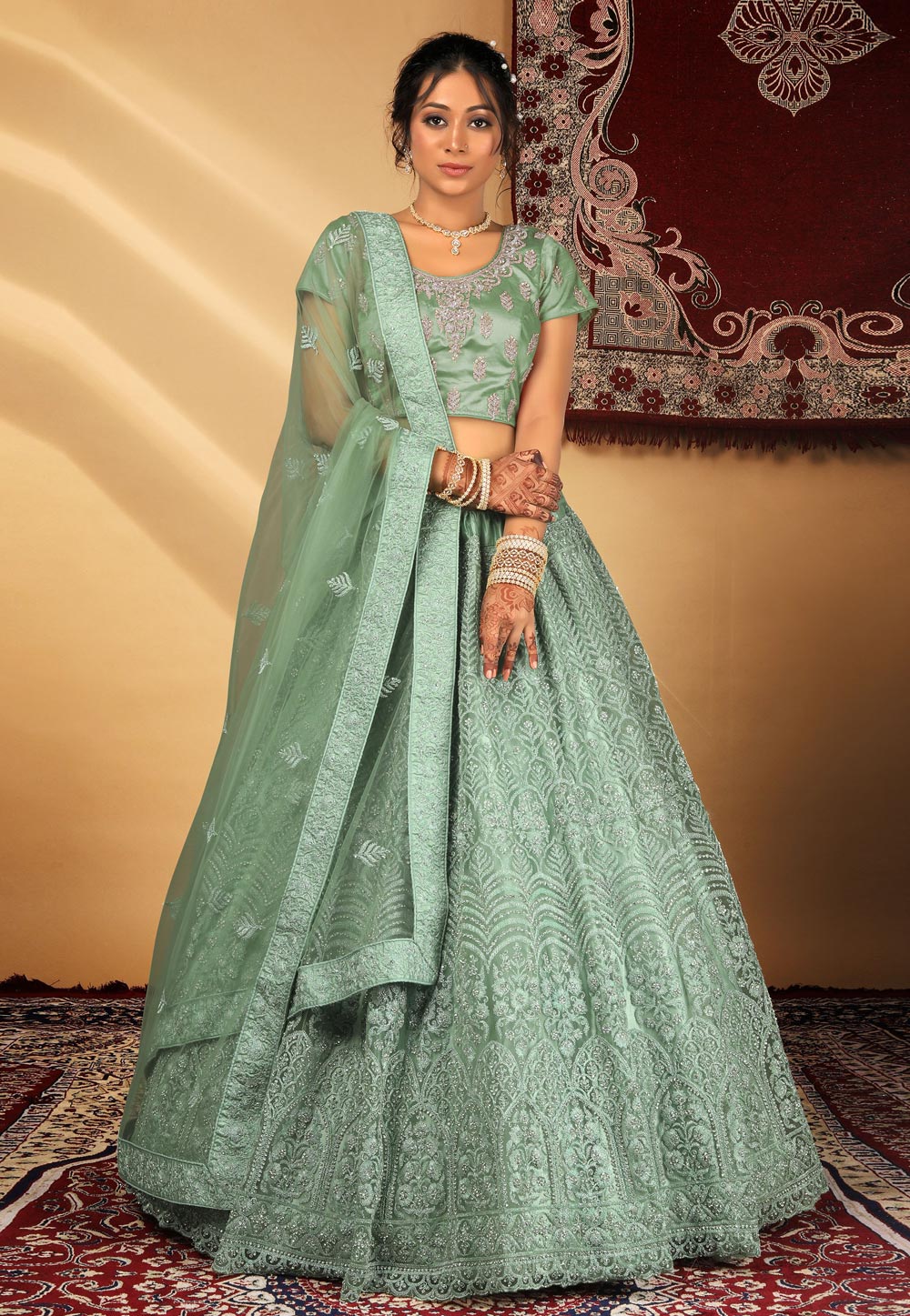 Sea Green Net Circular Lehenga Choli 271766