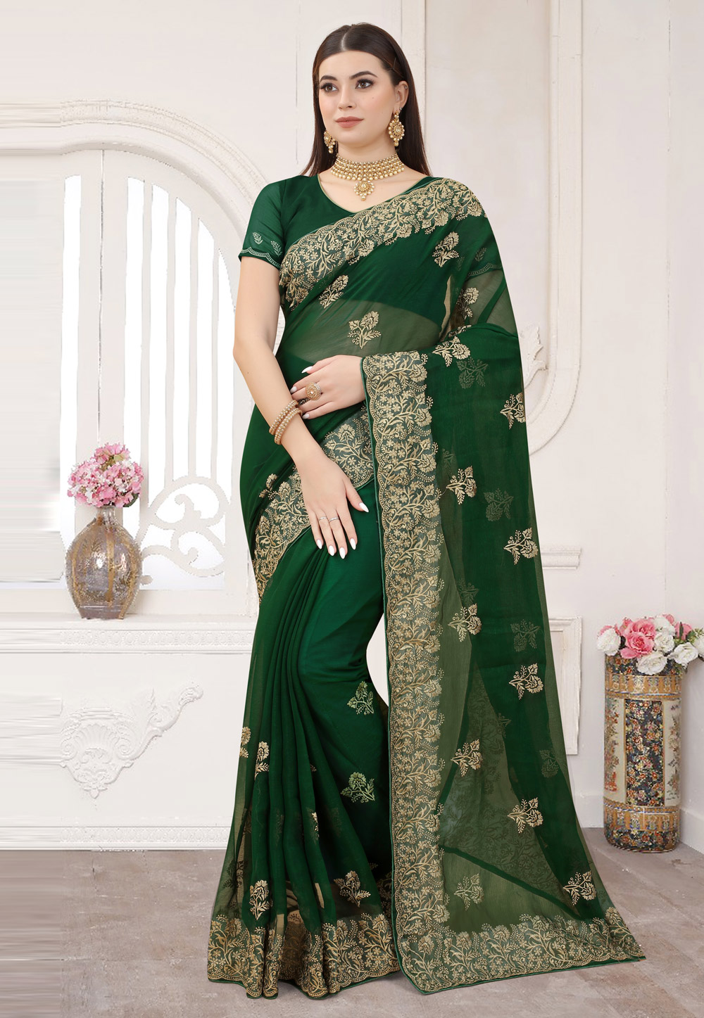 Green Shimmer Saree With Blouse 253948