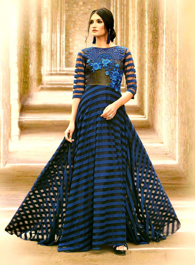 Blue Satin Semi Stitched Party Wear Gown 73217
