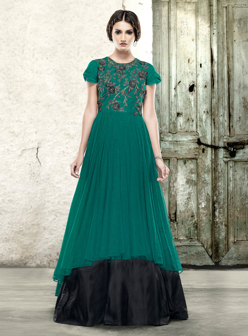 Sea Green Net Semi Stitched Designer Gown 73218