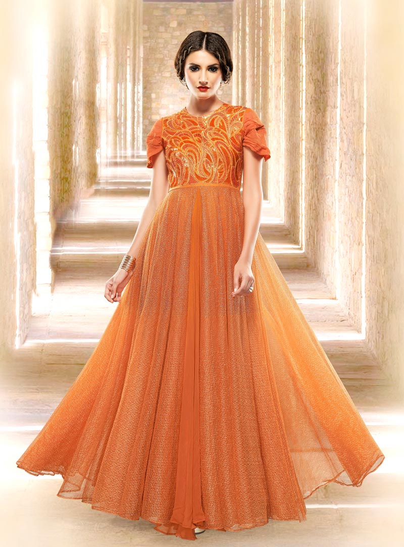 Orange Jacquard Semi Stitched Party Wear Gown 73219