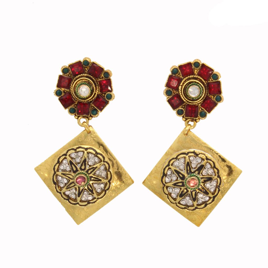 Maroon and Green Stone Studded Earrings 26714