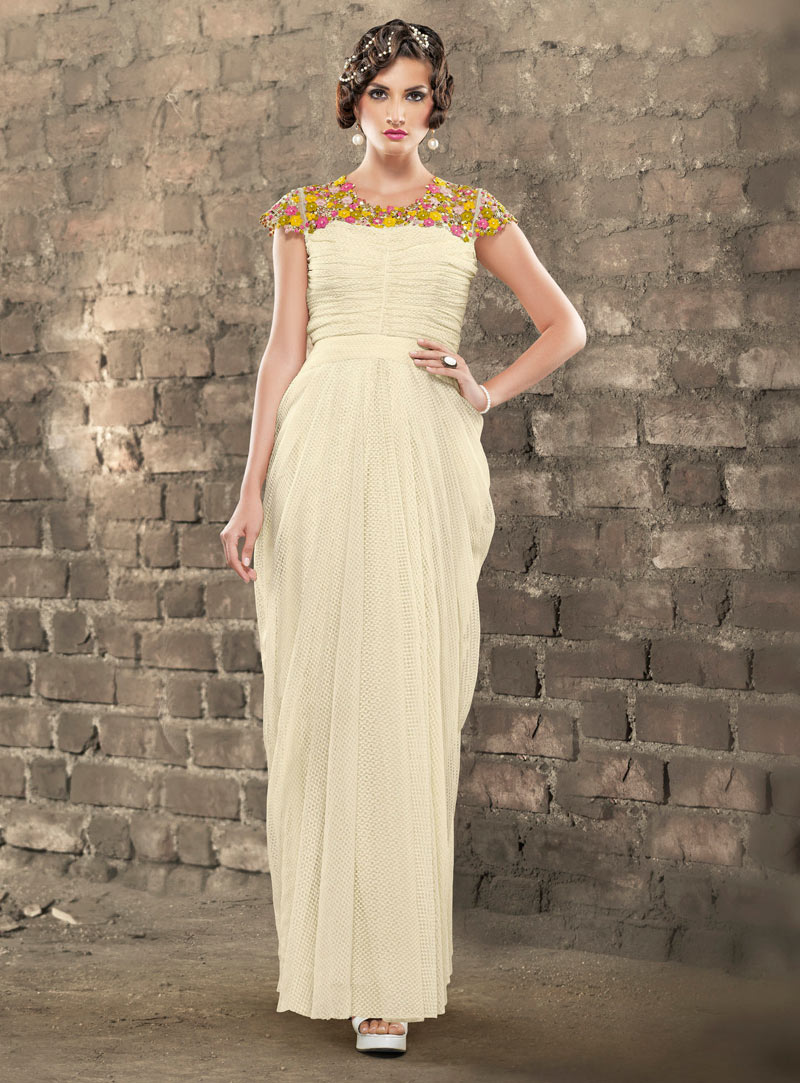 Cream Jacquard Semi Stitched Party Wear Gown 73222