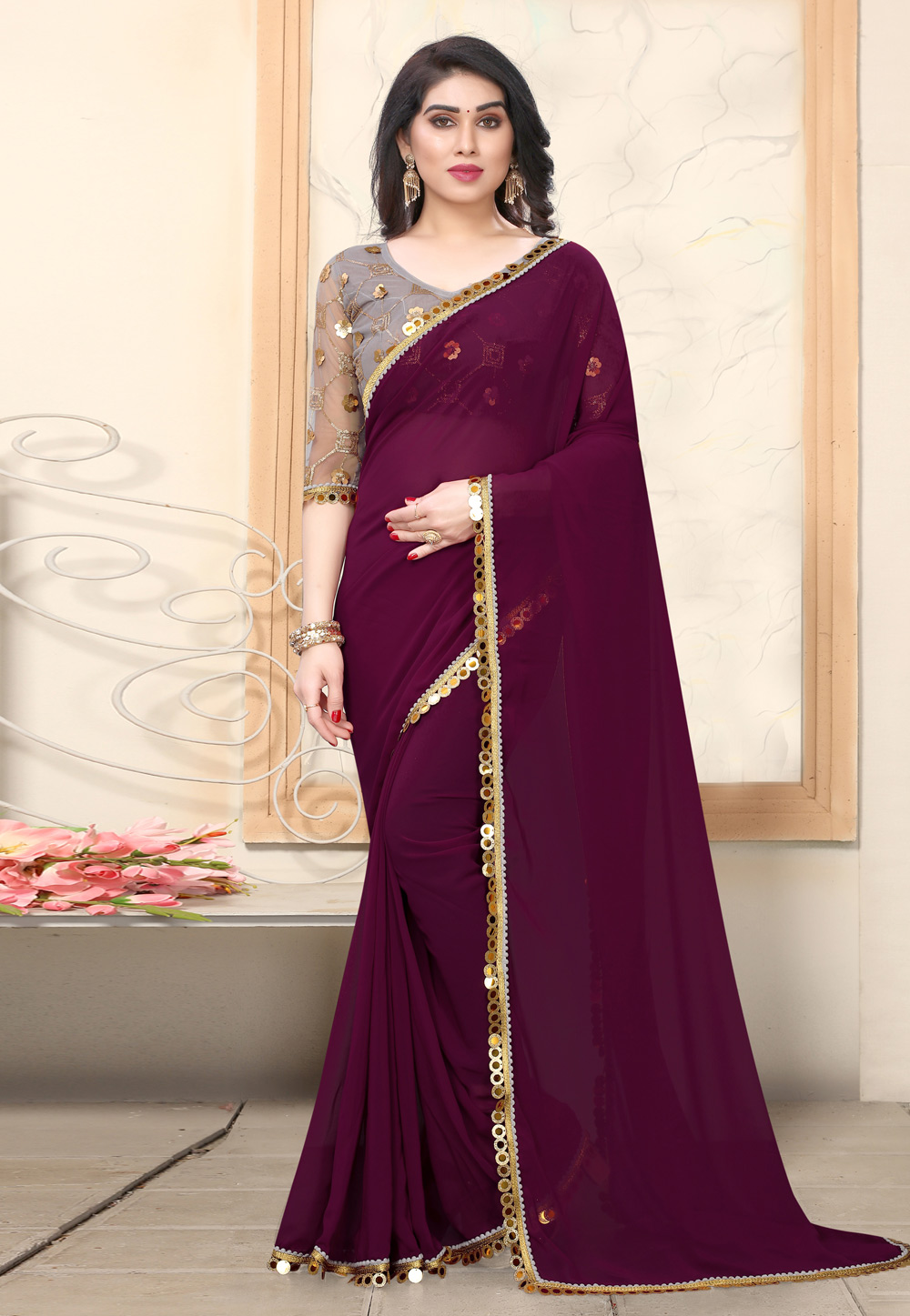 Purple Georgette Saree With Blouse 216752