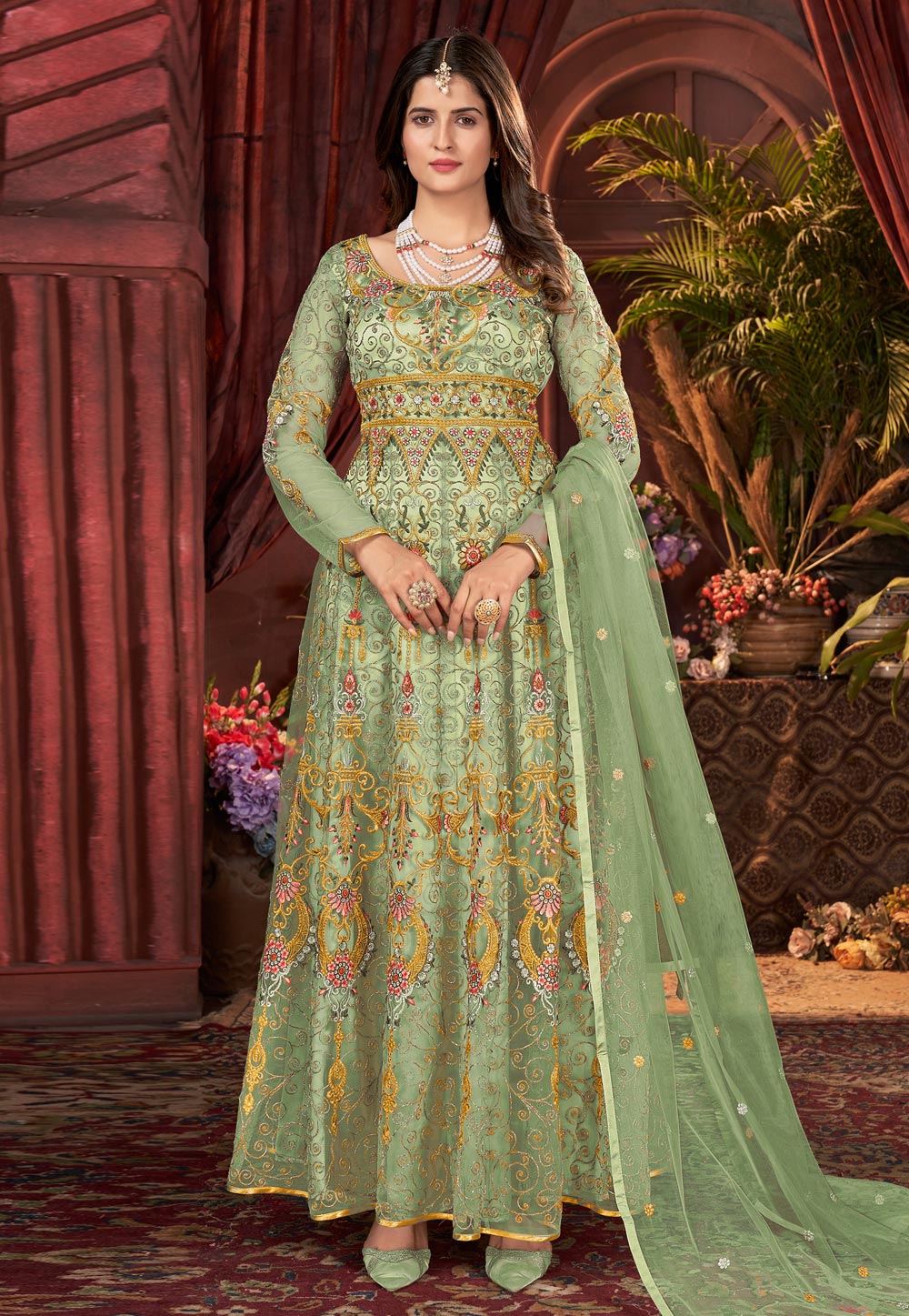 Light Green Satin Embroidered Long Anarkali Suit 263484