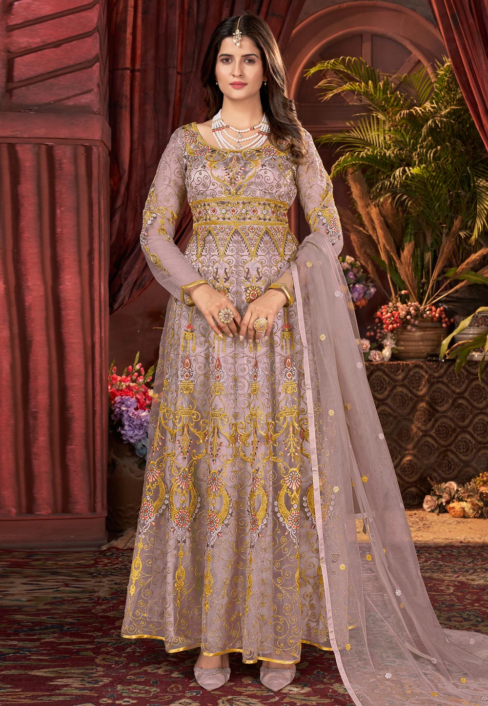Pink Satin Embroidered Abaya Style Anarkali Suit 263485