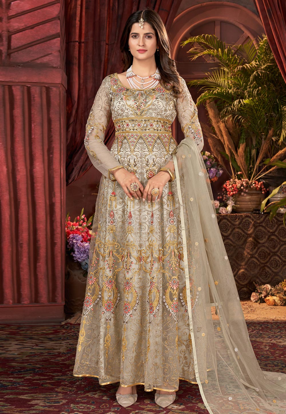 Off White Satin Embroidered Long Anarkali Suit 263486