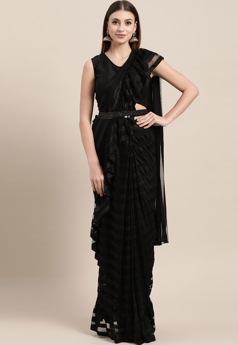 Black Polyester Ready to Wear Saree 193137