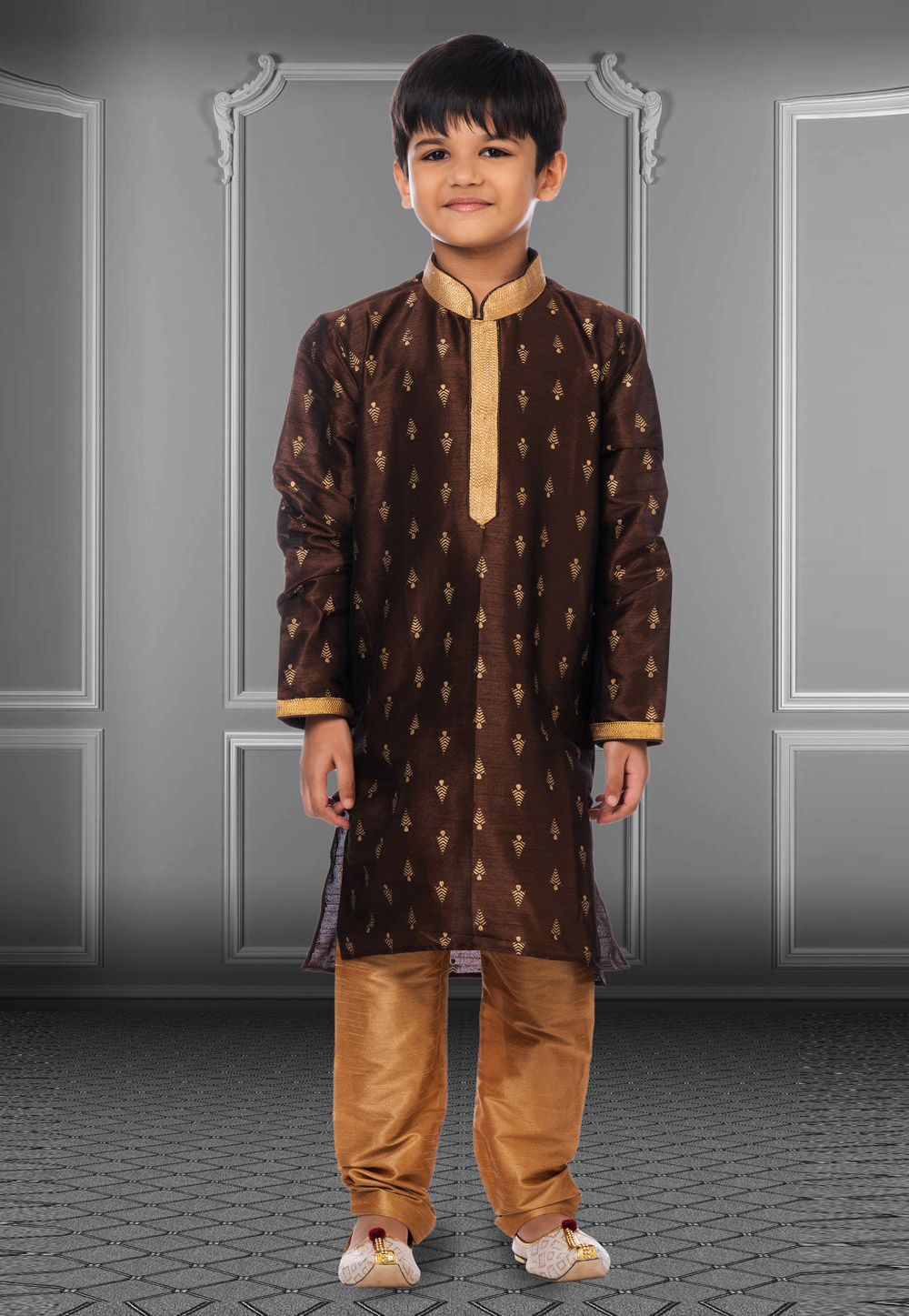 Brown Dupion Silk Readymade Kids Kurta Pajama 250392