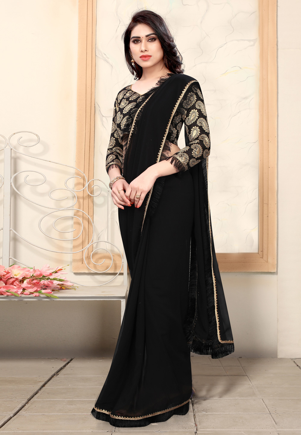 Black Georgette Saree With Blouse 216756