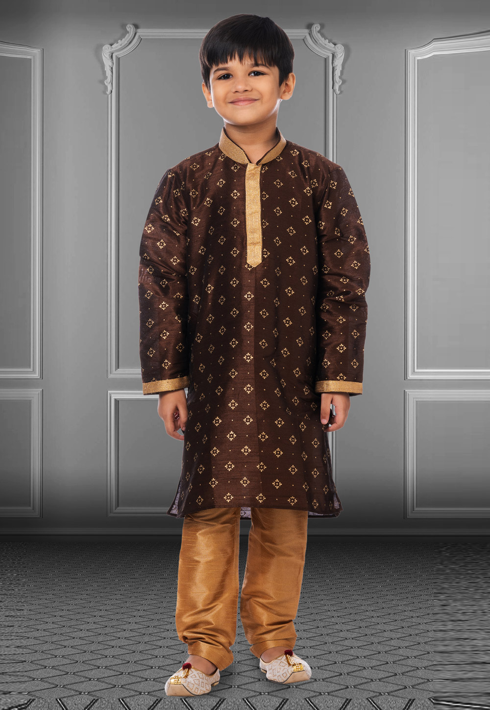 Brown Dupion Silk Readymade Kids Kurta Pajama 250393