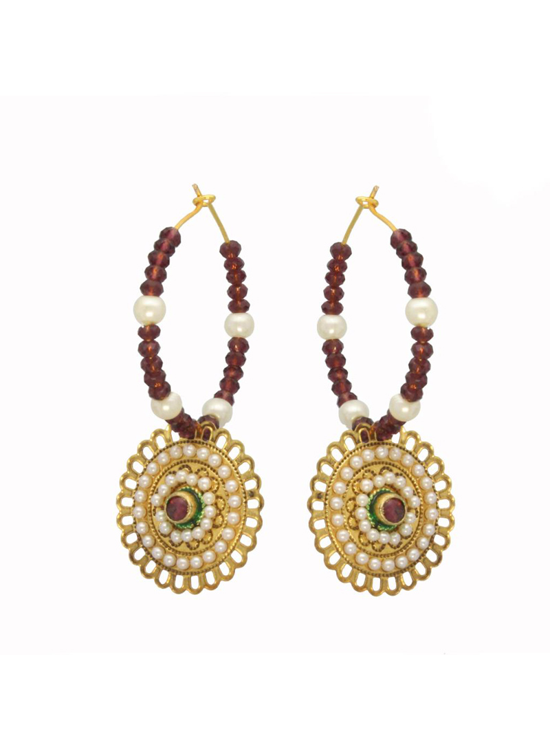 Golden and Maroon Bead Studded Earrings 26732