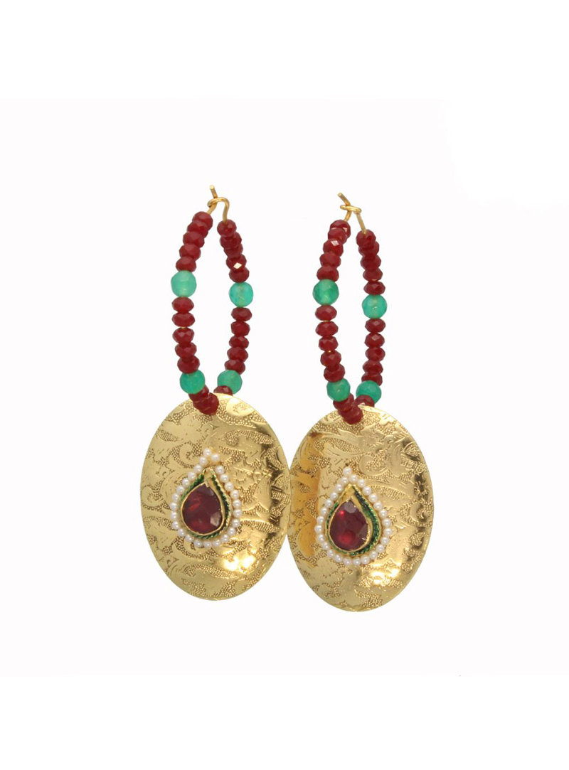 Gold and Red Bead Decked Round Earrings 26733