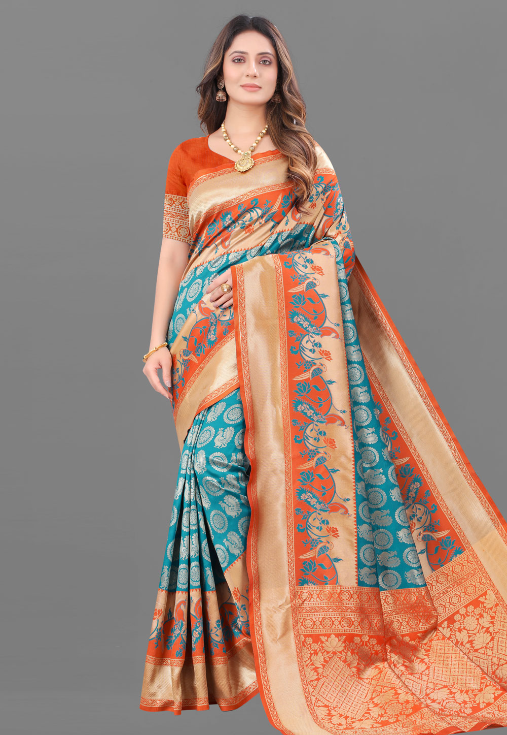 Turquoise Banarasi Saree With Blouse 236576