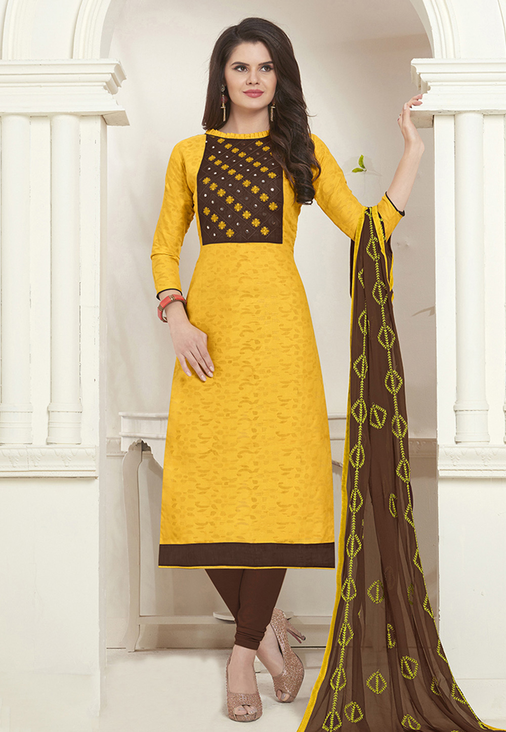 Yellow Jacquard Churidar Suit 176133