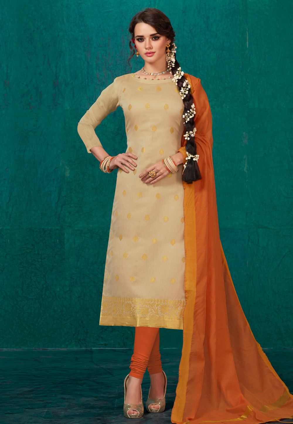 Beige Banarasi Silk Churidar Suit 176141
