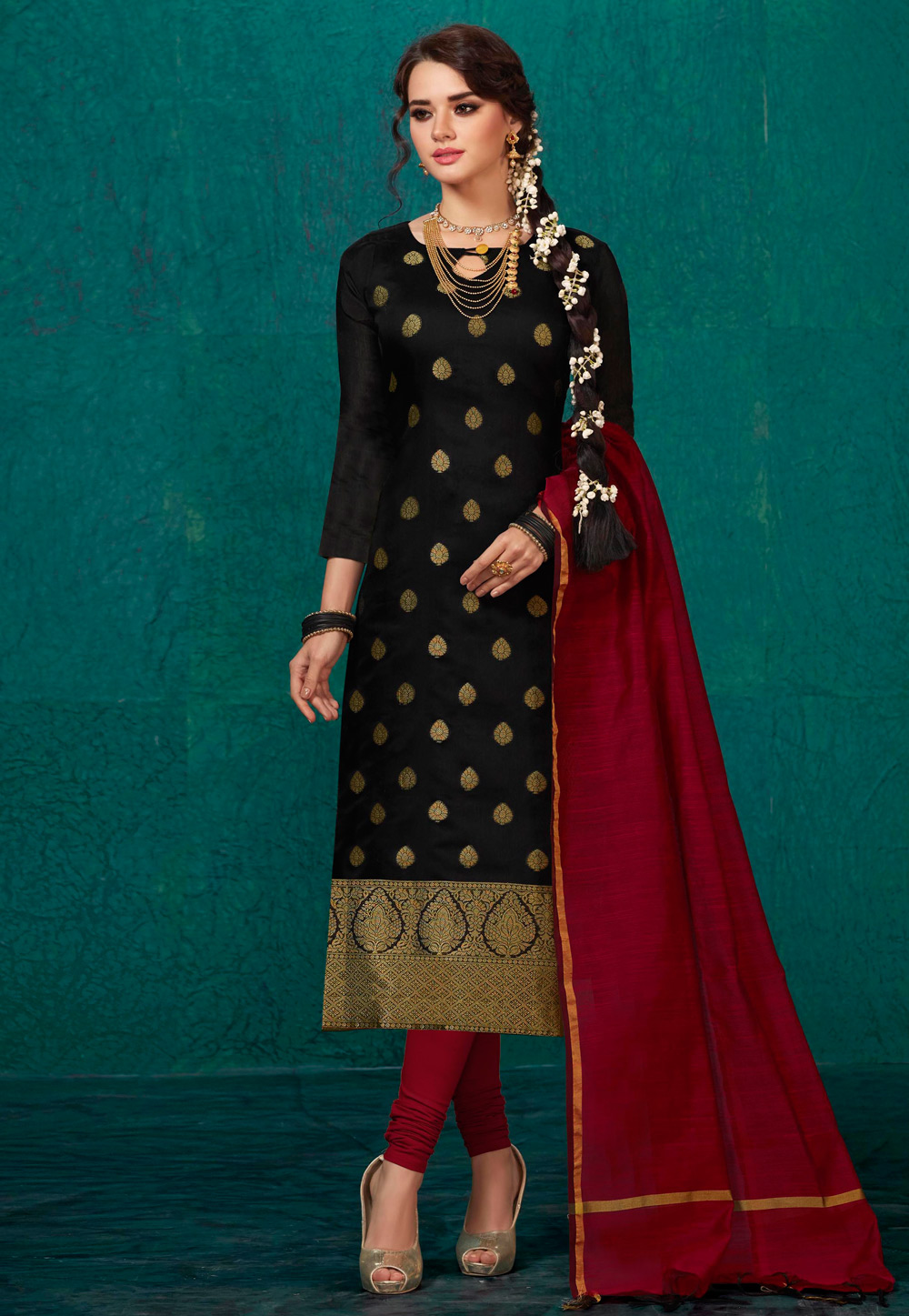 Black Banarasi Silk Churidar Suit 176143
