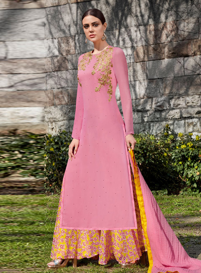 Light Pink Georgette Palazzo Style Suit 143714