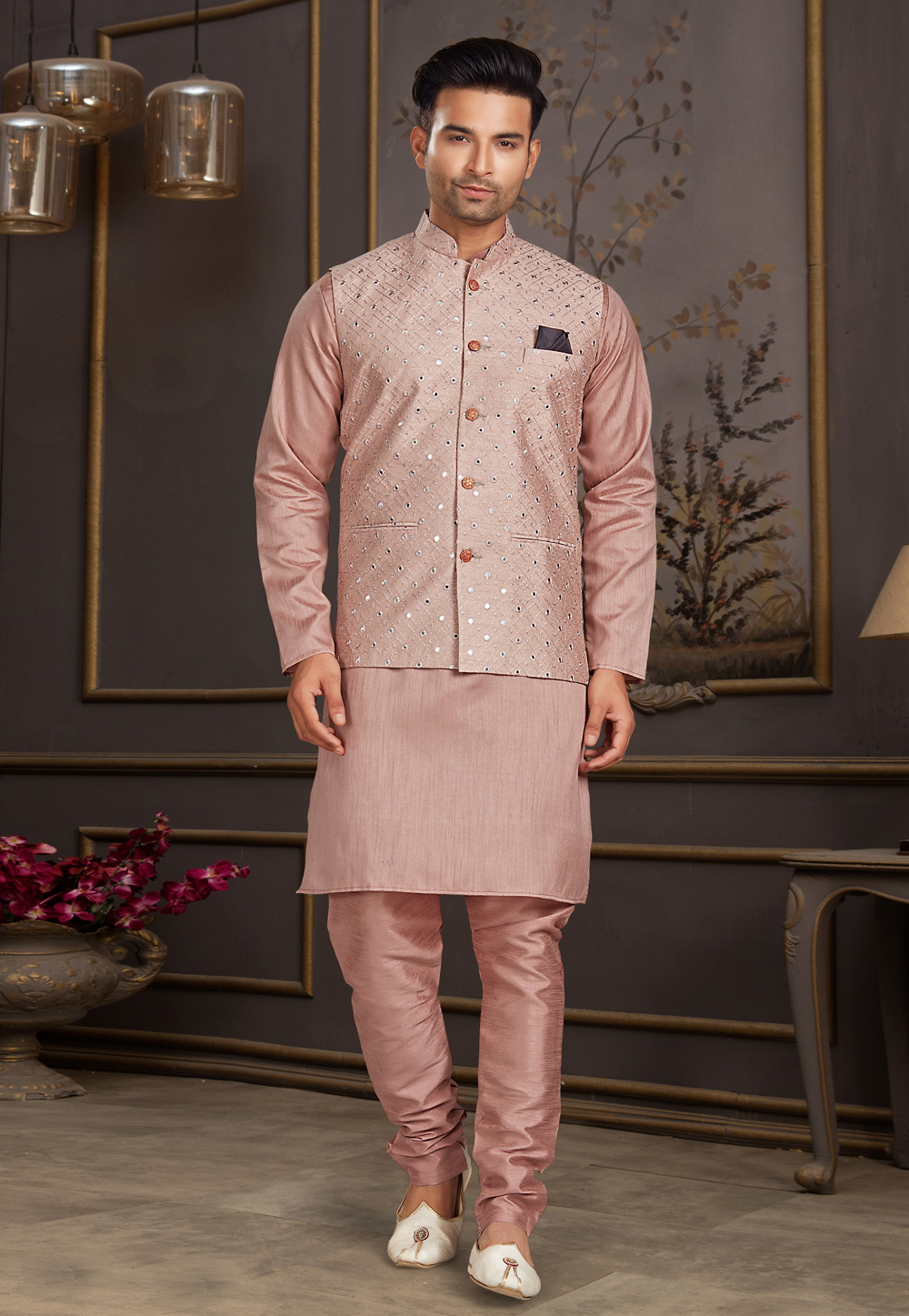 Pink Silk Kurta Pajama With Jacket 246540