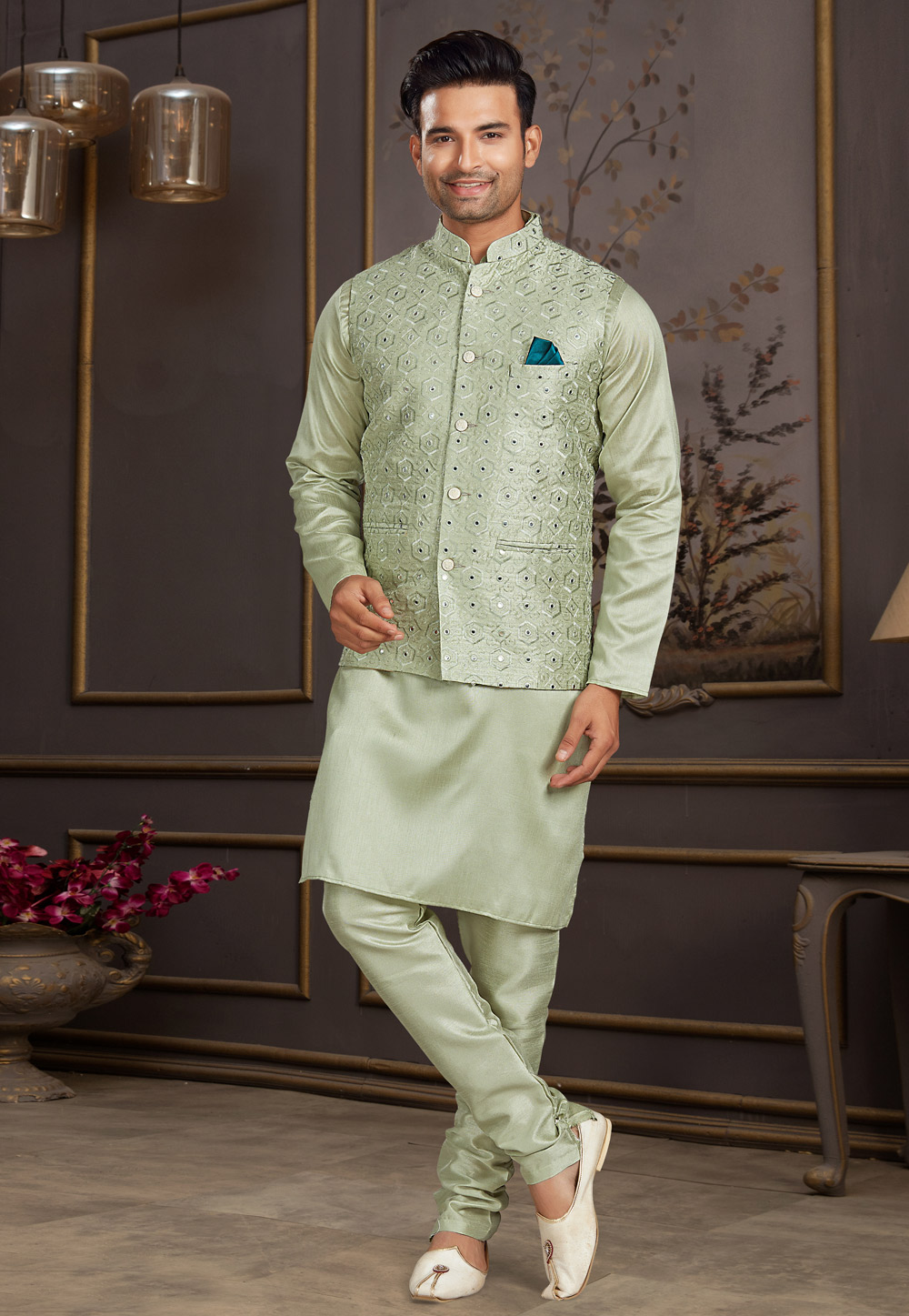 Buy Pista Green Art Banarasi Silk Jacket Kurta (NMK-5612) Online