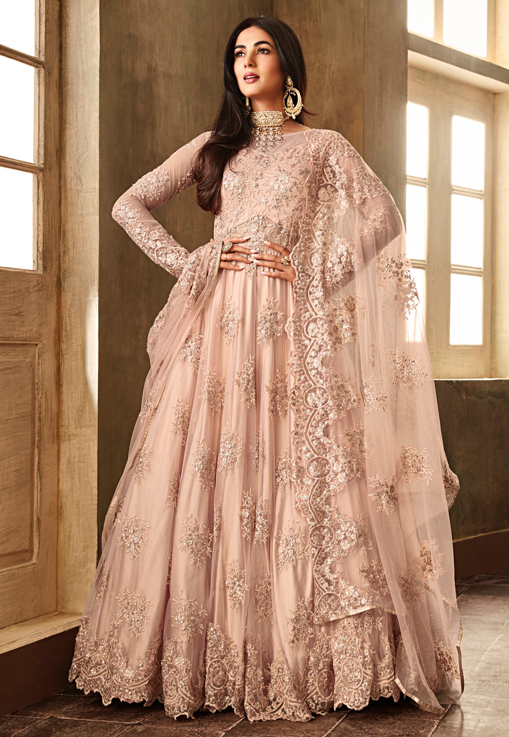 Sonal Chauhan Pink Net Ankle Length Anarkali Suit 157222
