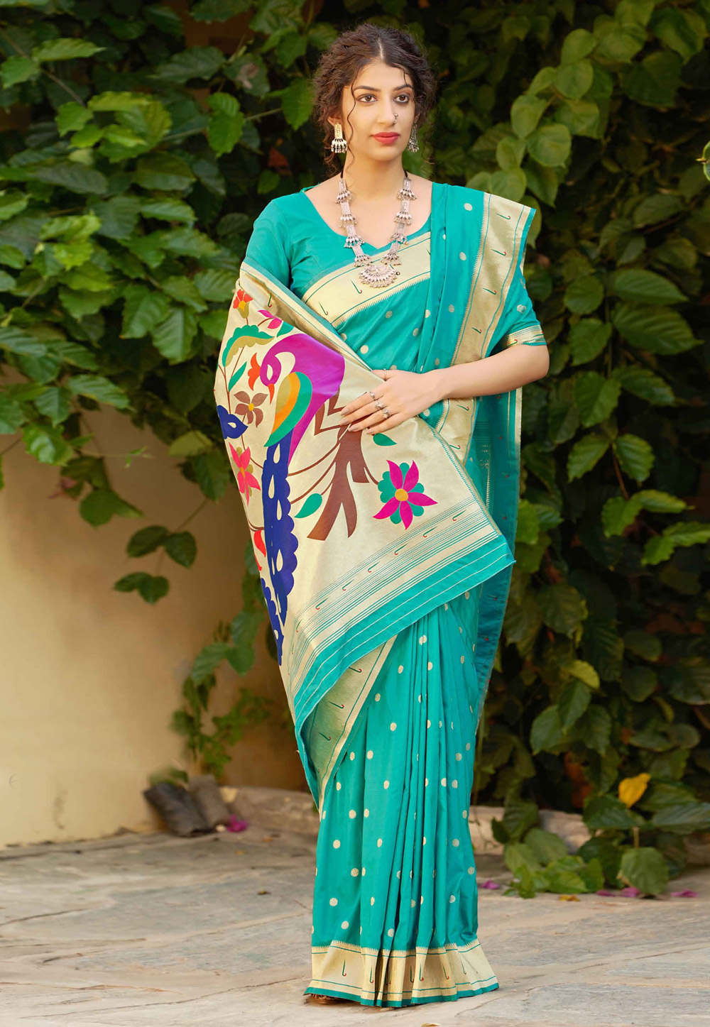 Turquoise Banarasi Silk Paithani Saree With Blouse 236372