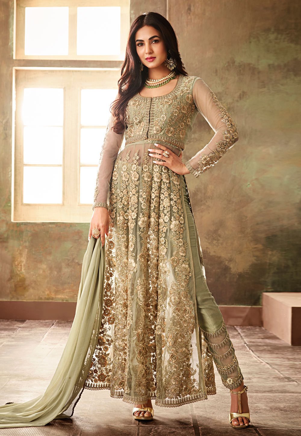 Sonal Chauhan Pista Green Net Pant Style Suit 157226