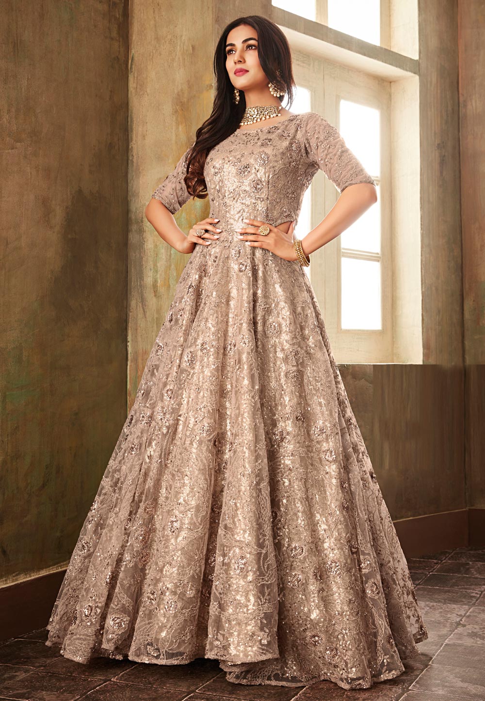 Sonal Chauhan Beige Net Abaya Style Anarkali Suit 157227