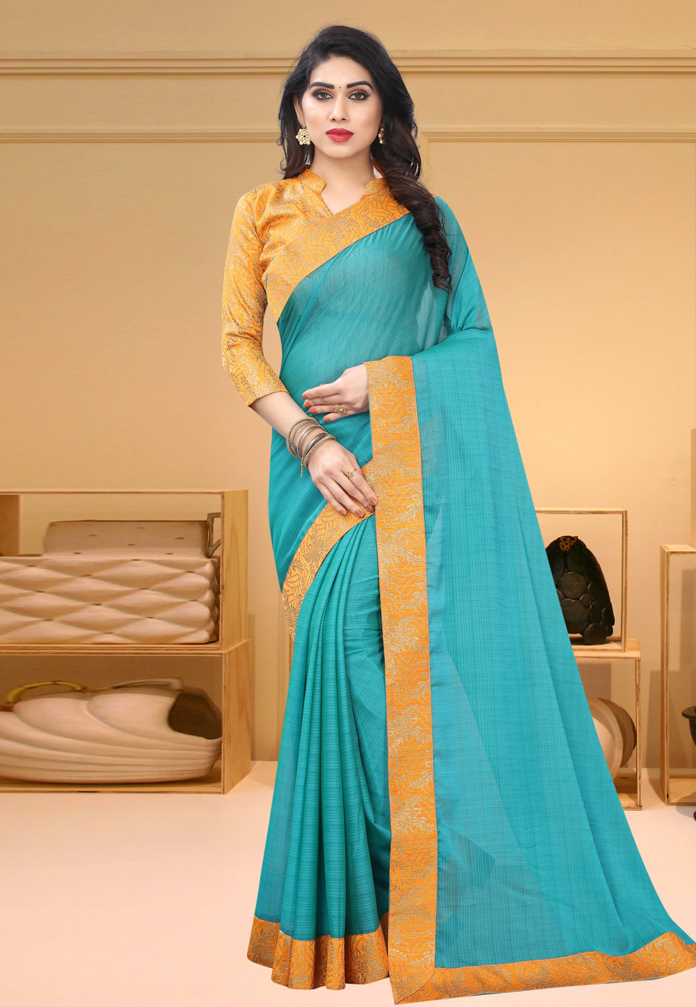 Turquoise Chiffon Saree With Blouse 217836