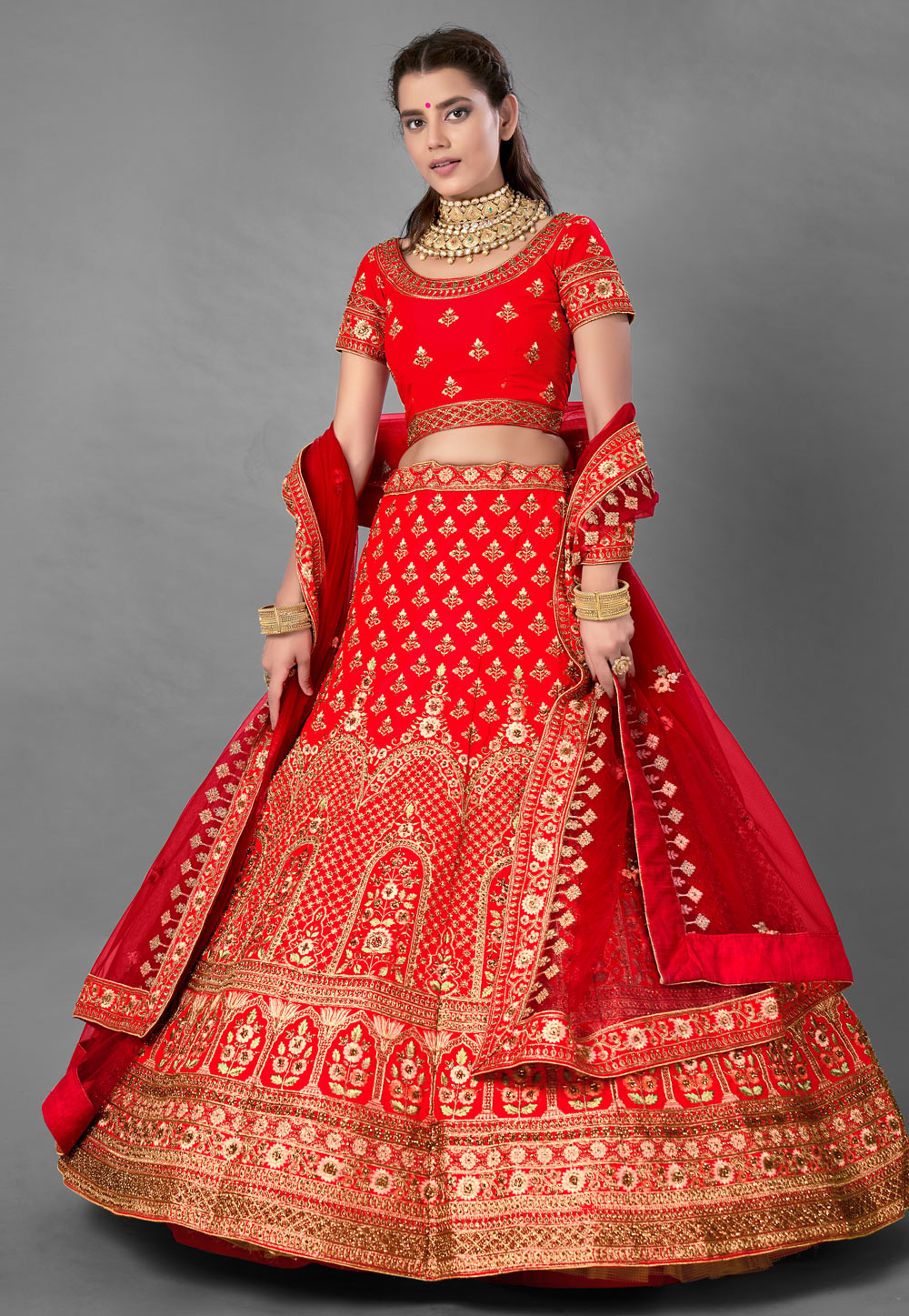 Red Satin Bridal Lehenga Choli 224283