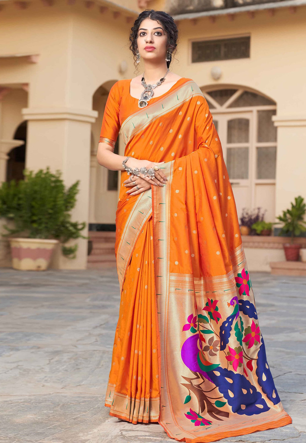 Orange Banarasi Silk Paithani Saree With Blouse 236374