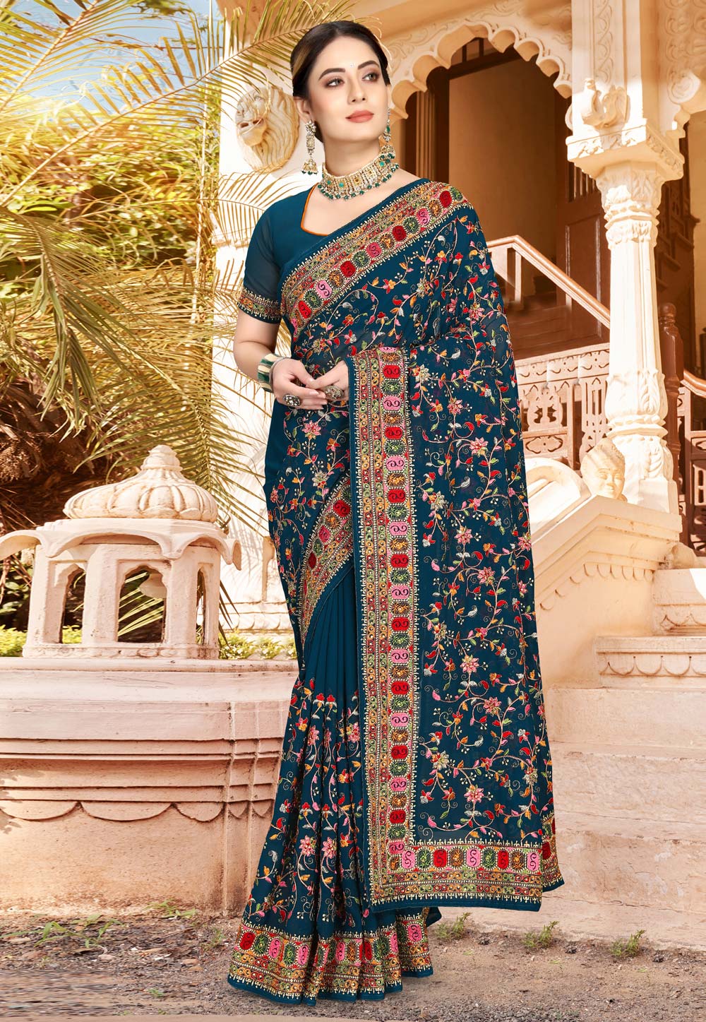 Teal Georgette Saree With Blouse 254820