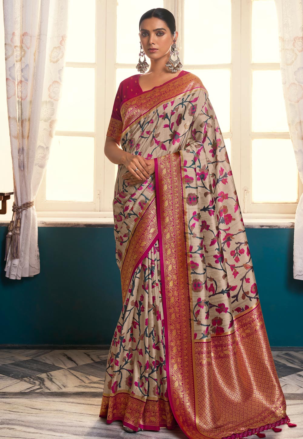 Cream Satin Saree With Blouse 269661