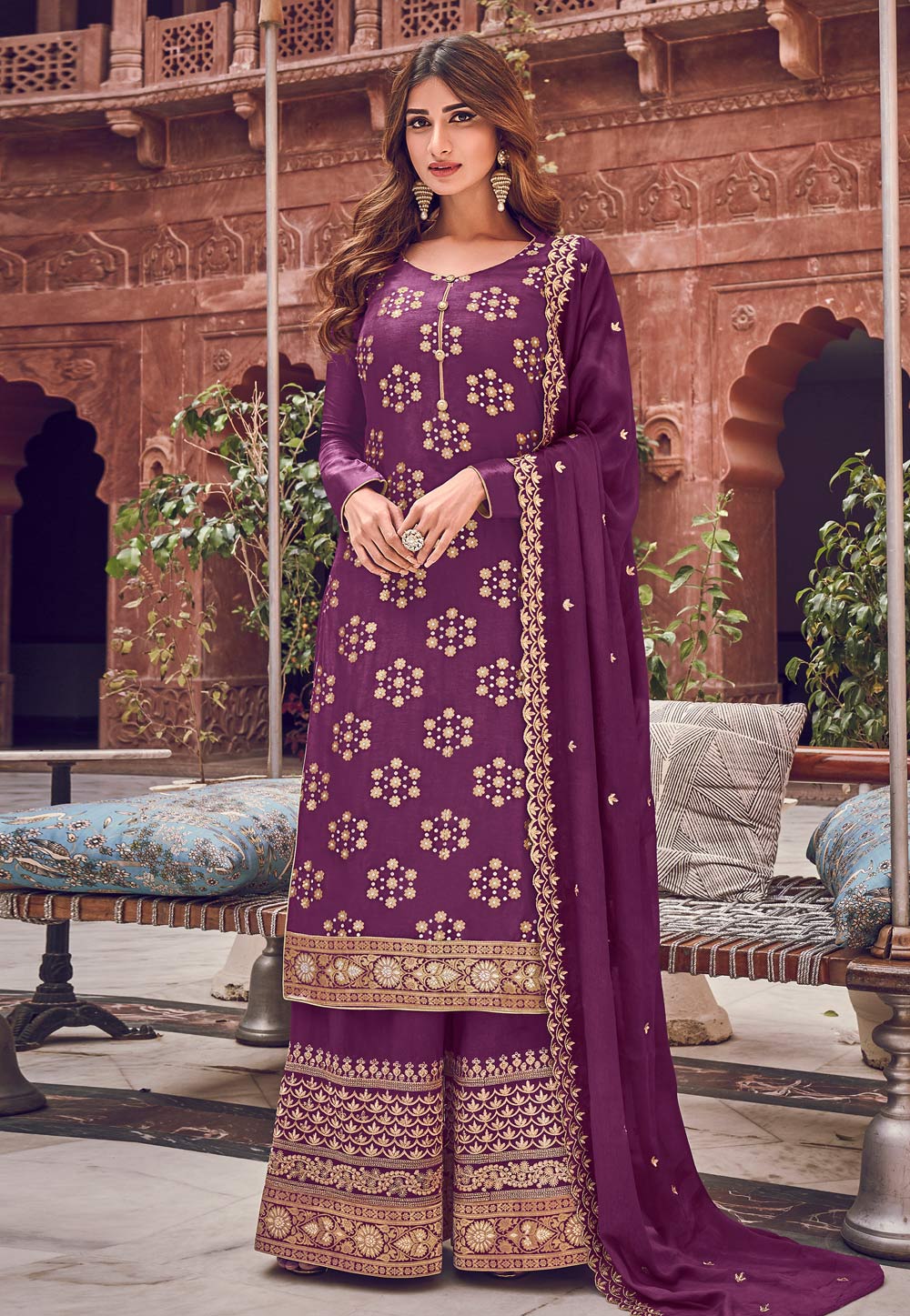Purple Jacquard Palazzo Suit 210513