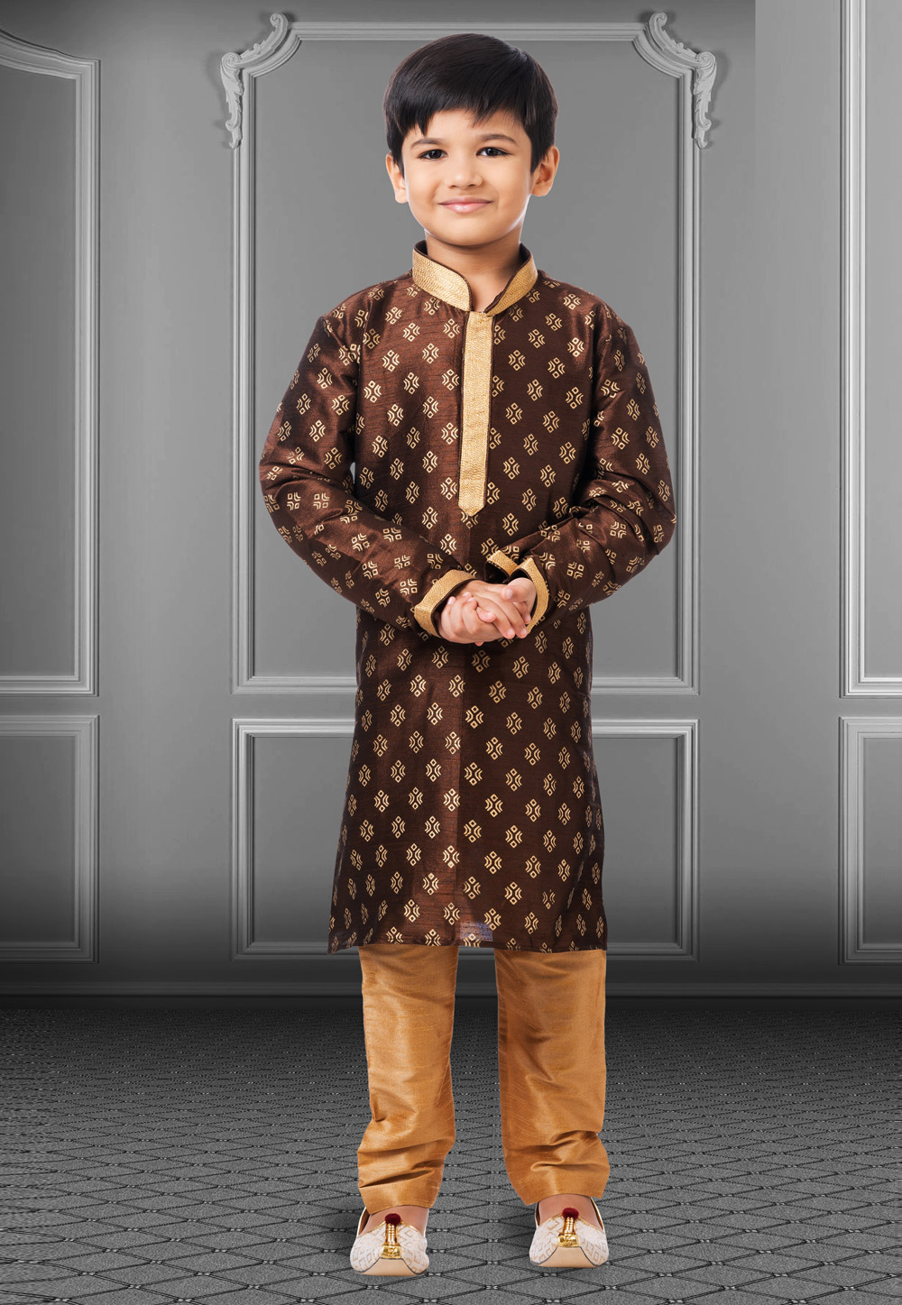 Brown Dupion Silk Readymade Kids Kurta Pajama 250396