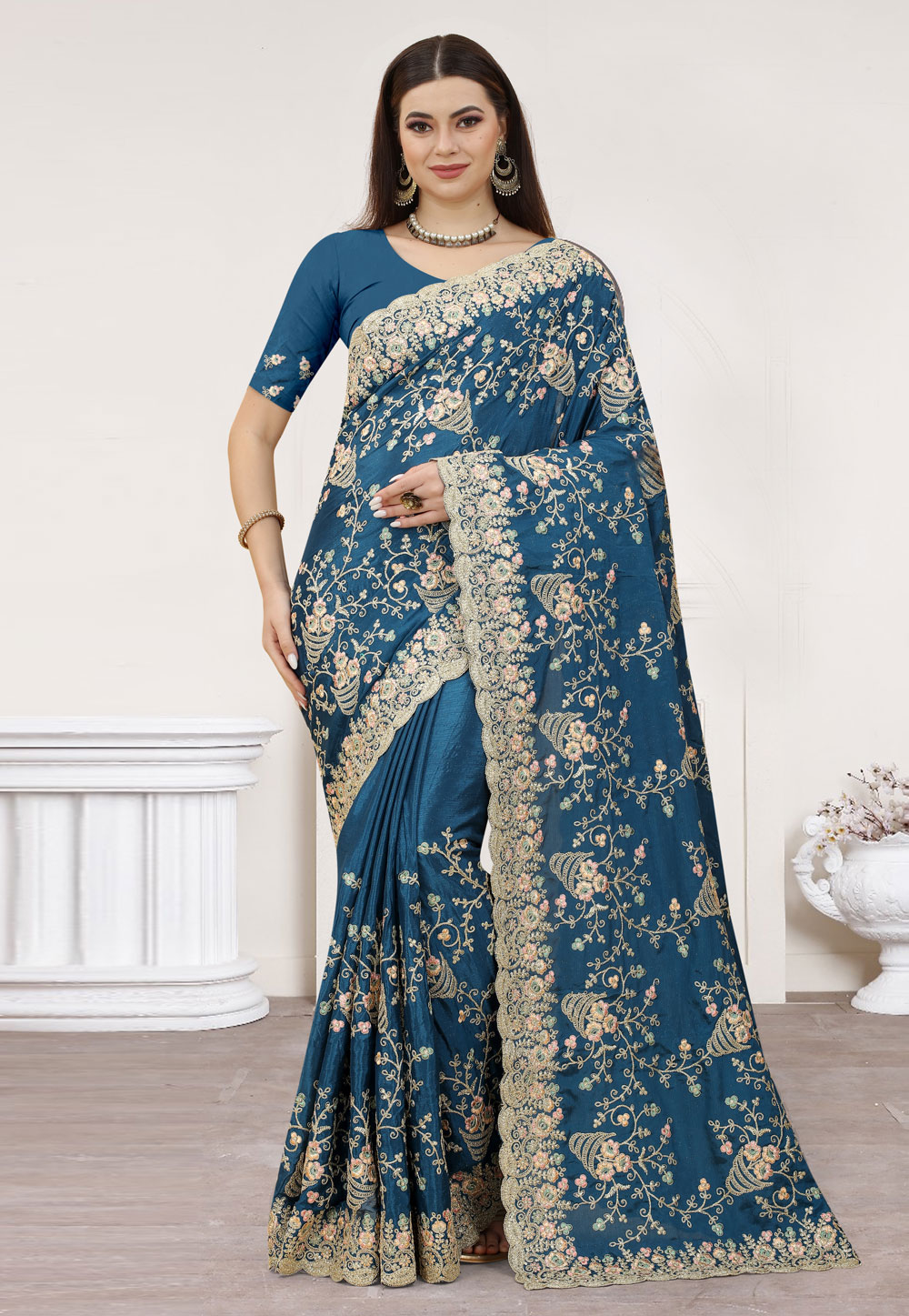 Teal Chinon Saree With Blouse 254780