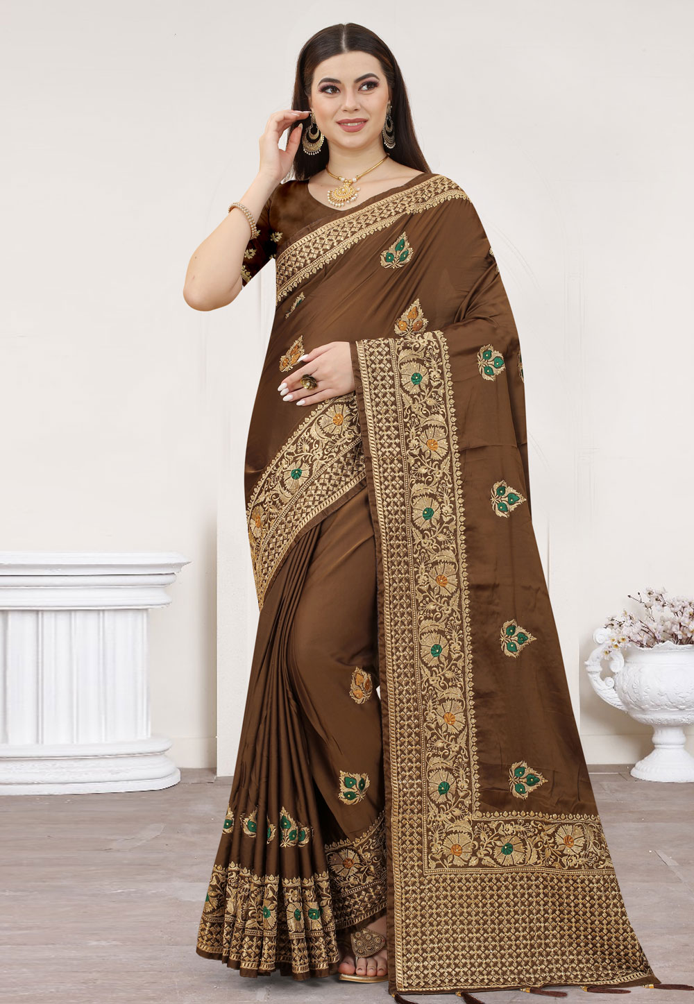 Brown Satin Silk Saree With Blouse 254781