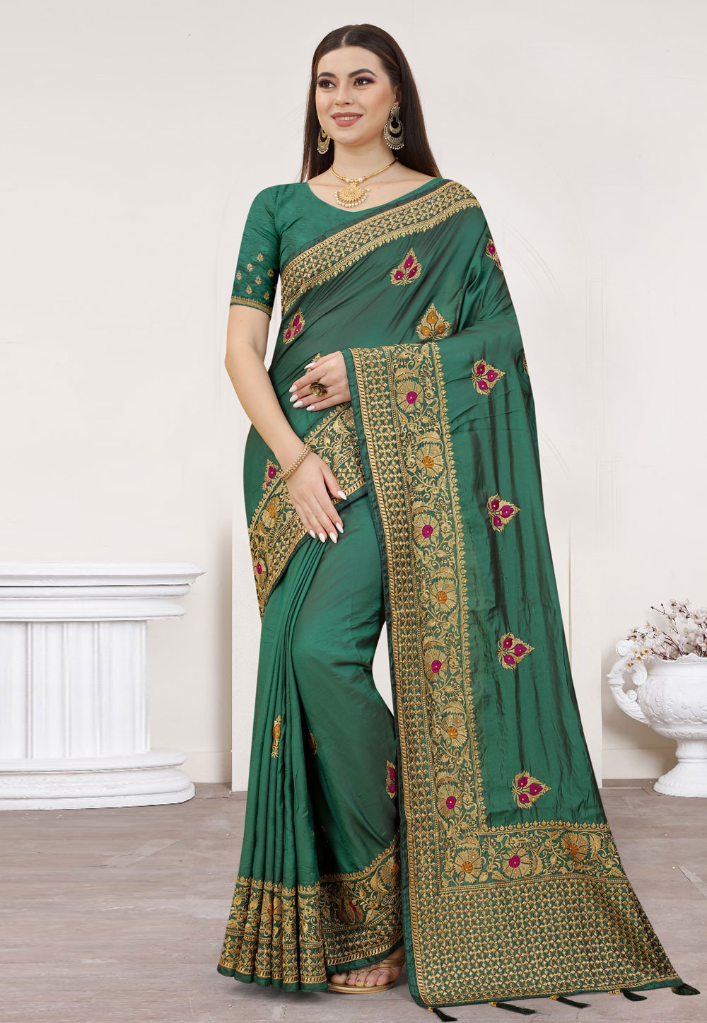 Green Satin Silk Saree With Blouse 254782