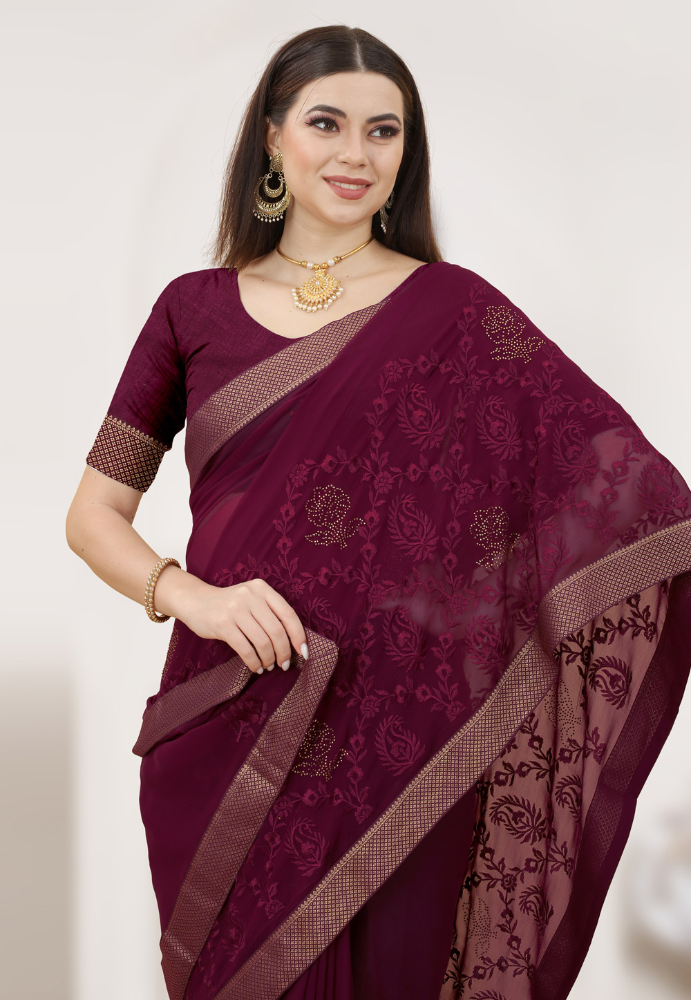 Wine Fancy Ready To Wear Saree