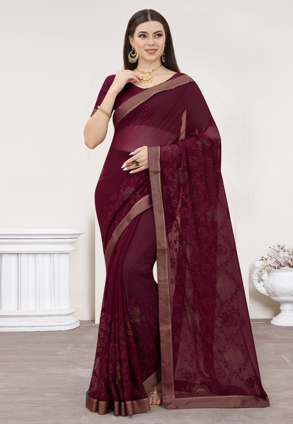 Wine Georgette Saree With Blouse 254784