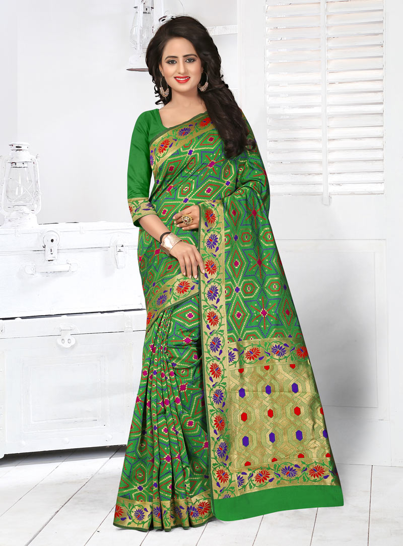 Green Banarasi Silk Saree With Blouse 85854