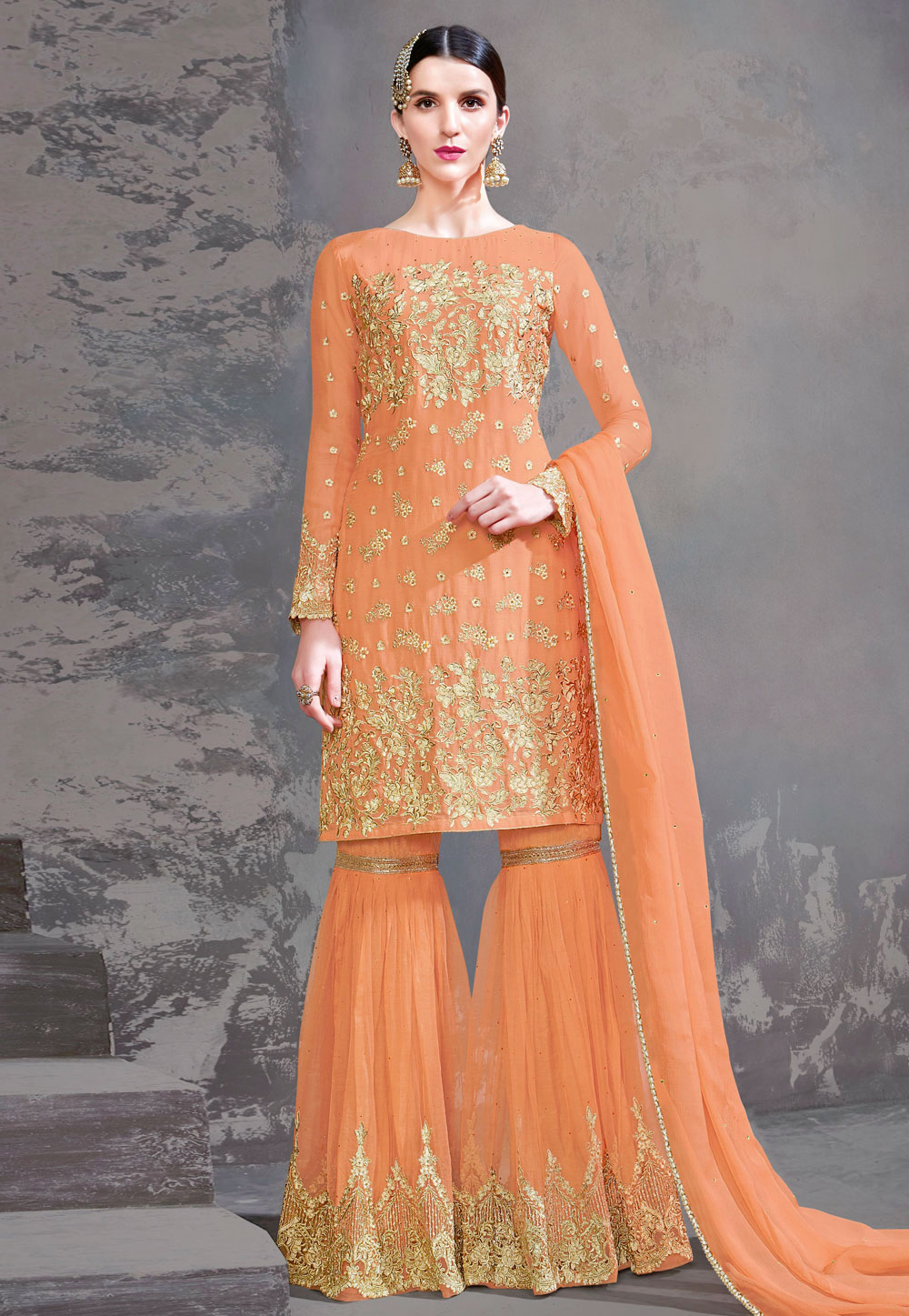 Orange Net Sharara Style Suit 154672
